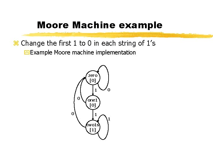 Moore Machine example z Change the first 1 to 0 in each string of