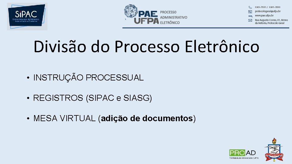 Divisão do Processo Eletrônico • INSTRUÇÃO PROCESSUAL • REGISTROS (SIPAC e SIASG) • MESA