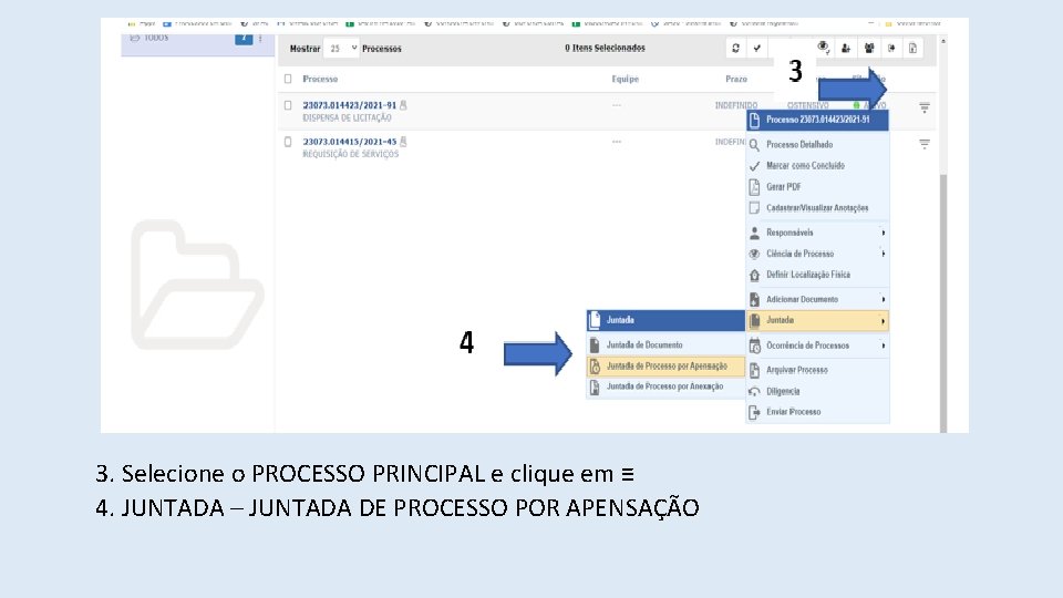 3. Selecione o PROCESSO PRINCIPAL e clique em ≡ 4. JUNTADA – JUNTADA DE