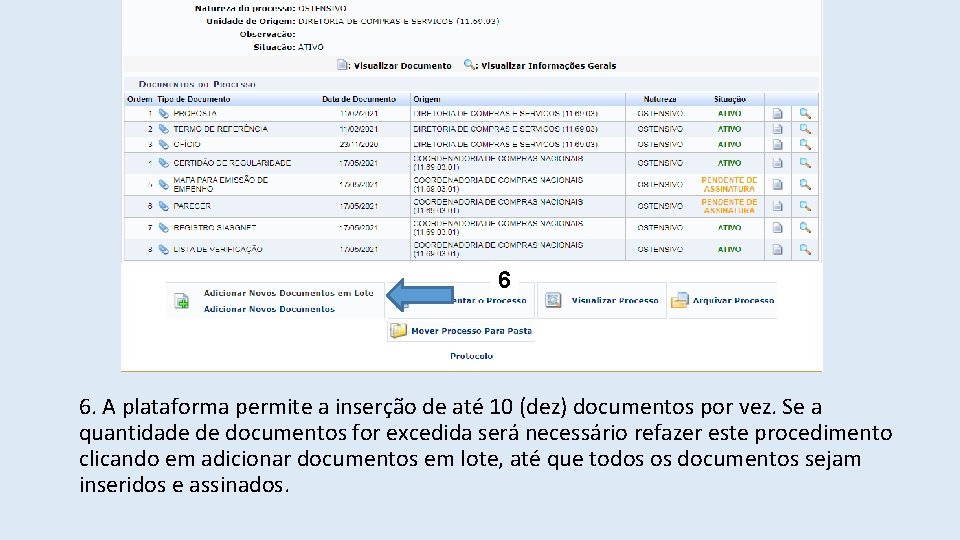 6 6. A plataforma permite a inserção de até 10 (dez) documentos por vez.