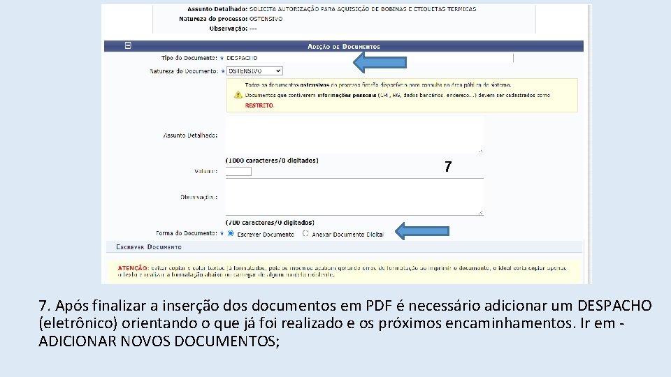 7 7. Após finalizar a inserção dos documentos em PDF é necessário adicionar um