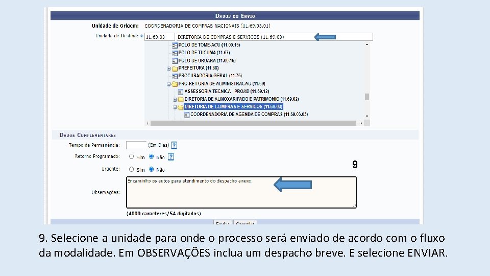 9 9. Selecione a unidade para onde o processo será enviado de acordo com