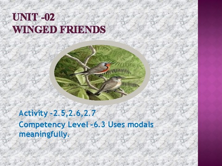 UNIT -02 WINGED FRIENDS Activity -2. 5, 2. 6, 2. 7 Competency Level -6.