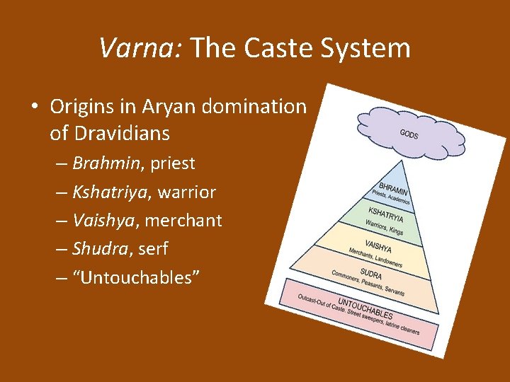 Varna: The Caste System • Origins in Aryan domination of Dravidians – Brahmin, priest