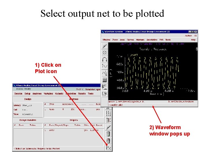 Select output net to be plotted 1) Click on Plot icon 2) Waveform window
