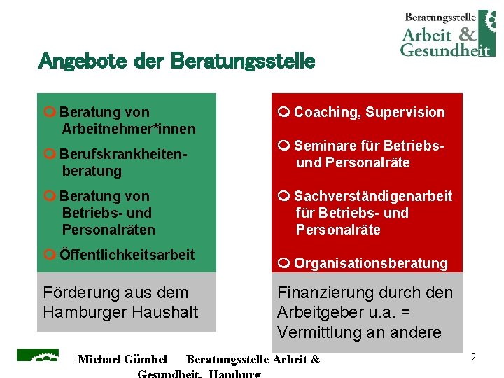 Angebote der Beratungsstelle Beratung von Arbeitnehmer*innen Berufskrankheitenberatung Beratung von Betriebs- und Personalräten Seminare für