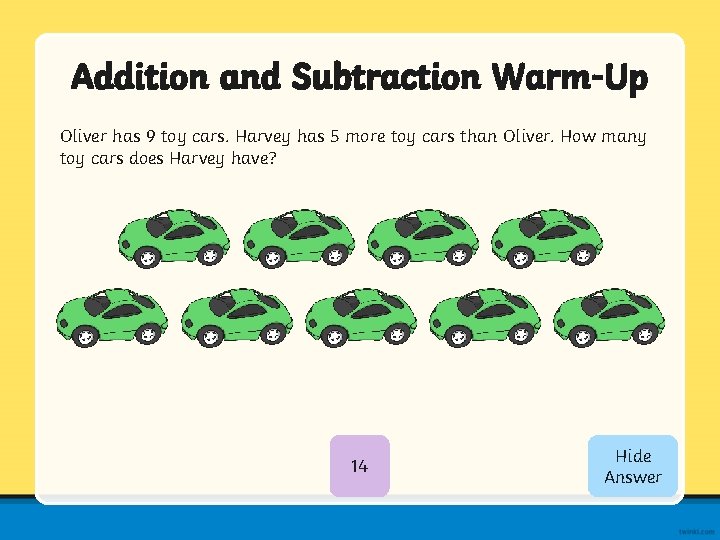 Addition and Subtraction Warm-Up Oliver has 9 toy cars. Harvey has 5 more toy