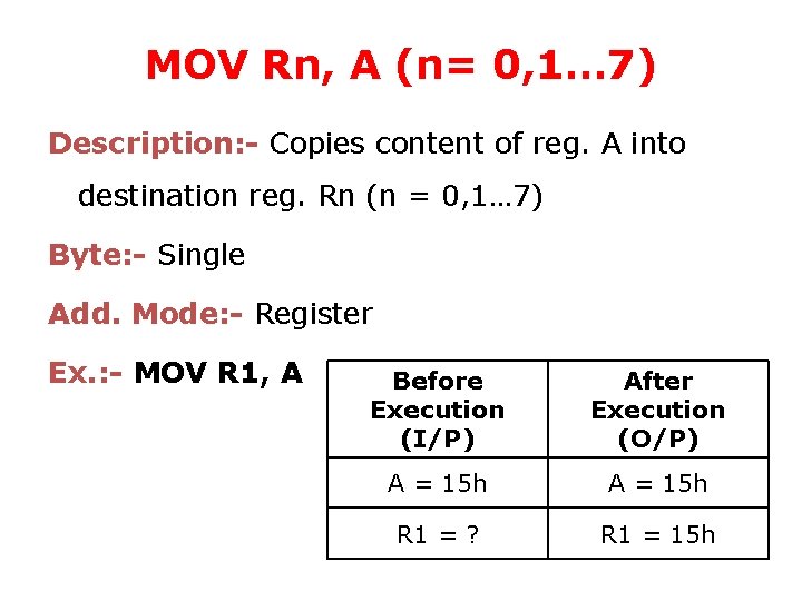 MOV Rn, A (n= 0, 1… 7) Description: - Copies content of reg. A