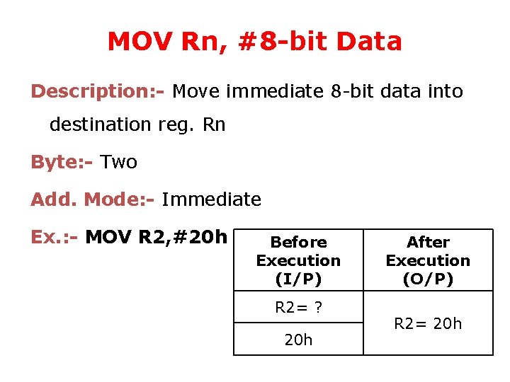 MOV Rn, #8 -bit Data Description: - Move immediate 8 -bit data into destination
