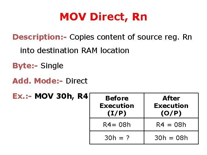 MOV Direct, Rn Description: - Copies content of source reg. Rn into destination RAM