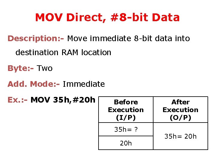MOV Direct, #8 -bit Data Description: - Move immediate 8 -bit data into destination