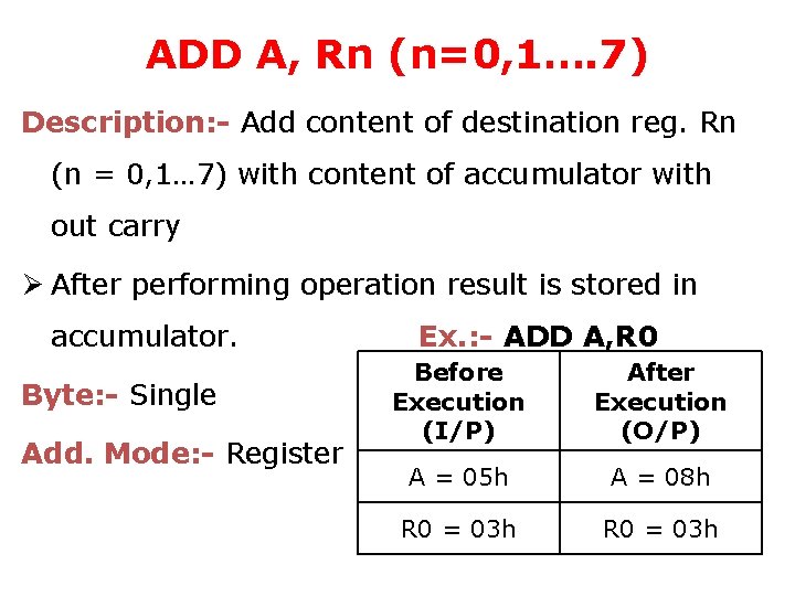 ADD A, Rn (n=0, 1…. 7) Description: - Add content of destination reg. Rn
