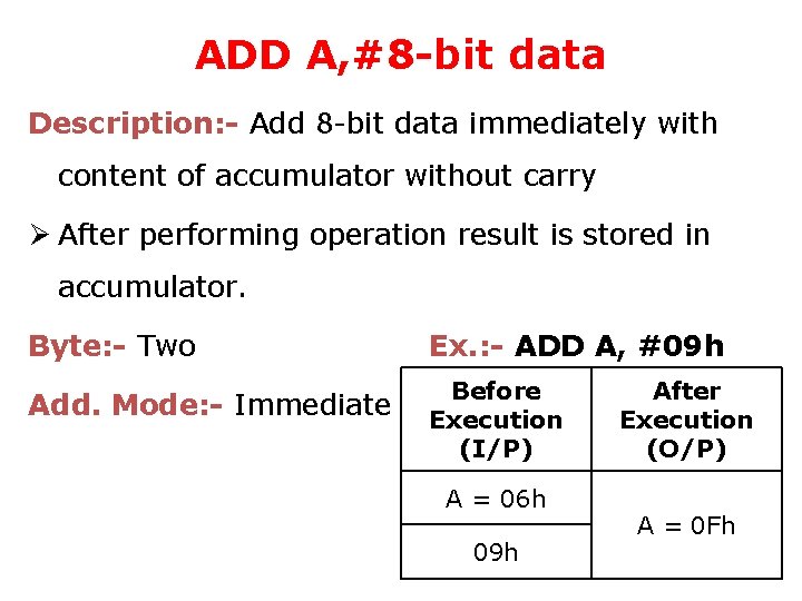 ADD A, #8 -bit data Description: - Add 8 -bit data immediately with content