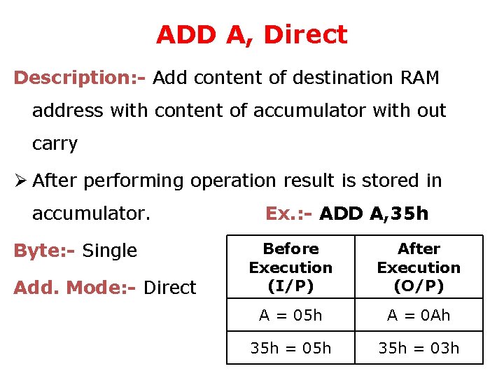 ADD A, Direct Description: - Add content of destination RAM address with content of