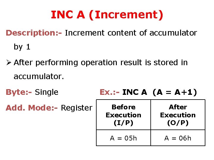 INC A (Increment) Description: - Increment content of accumulator by 1 Ø After performing