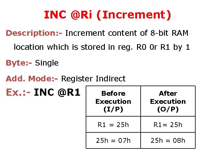 INC @Ri (Increment) Description: - Increment content of 8 -bit RAM location which is