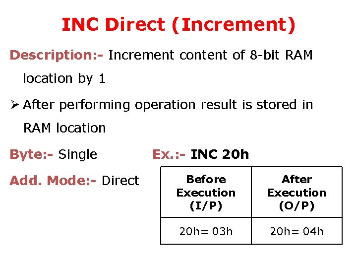 INC Direct (Increment) Description: - Increment content of 8 -bit RAM location by 1
