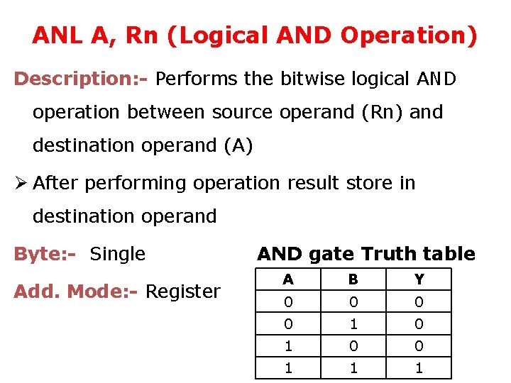 ANL A, Rn (Logical AND Operation) Description: - Performs the bitwise logical AND operation