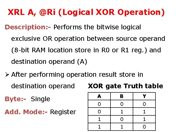XRL A, @Ri (Logical XOR Operation) Description: - Performs the bitwise logical exclusive OR