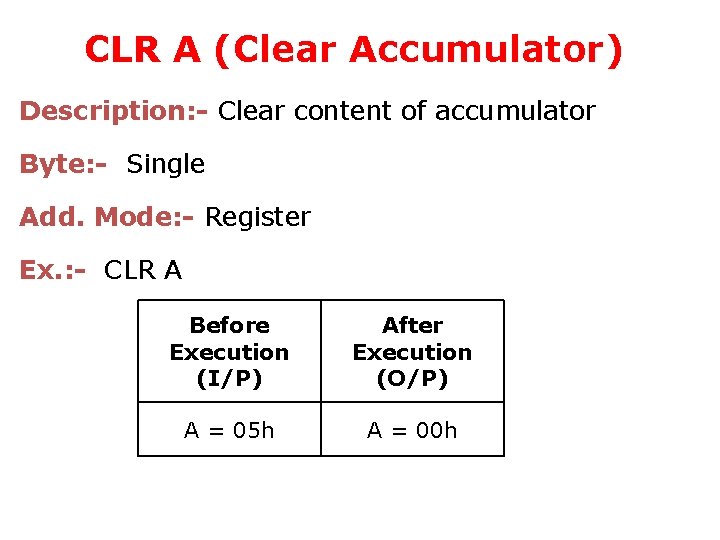 CLR A (Clear Accumulator) Description: - Clear content of accumulator Byte: - Single Add.