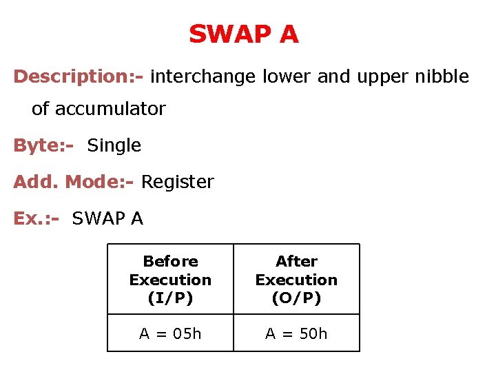 SWAP A Description: - interchange lower and upper nibble of accumulator Byte: - Single