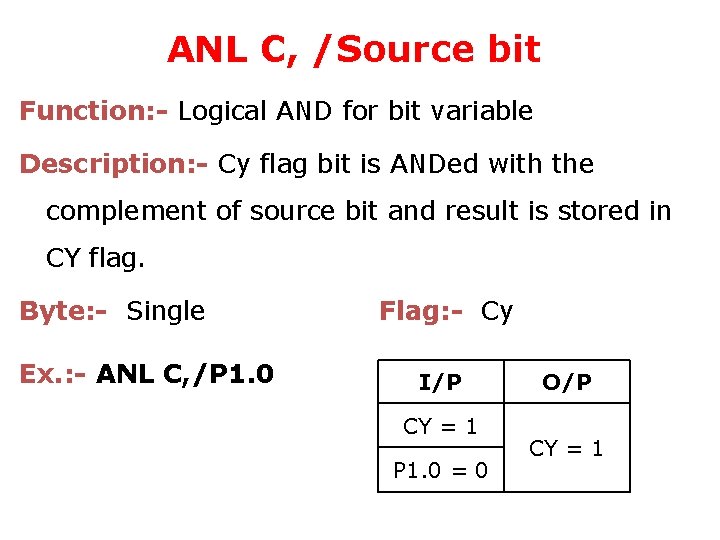 ANL C, /Source bit Function: - Logical AND for bit variable Description: - Cy