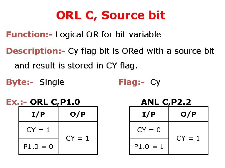 ORL C, Source bit Function: - Logical OR for bit variable Description: - Cy