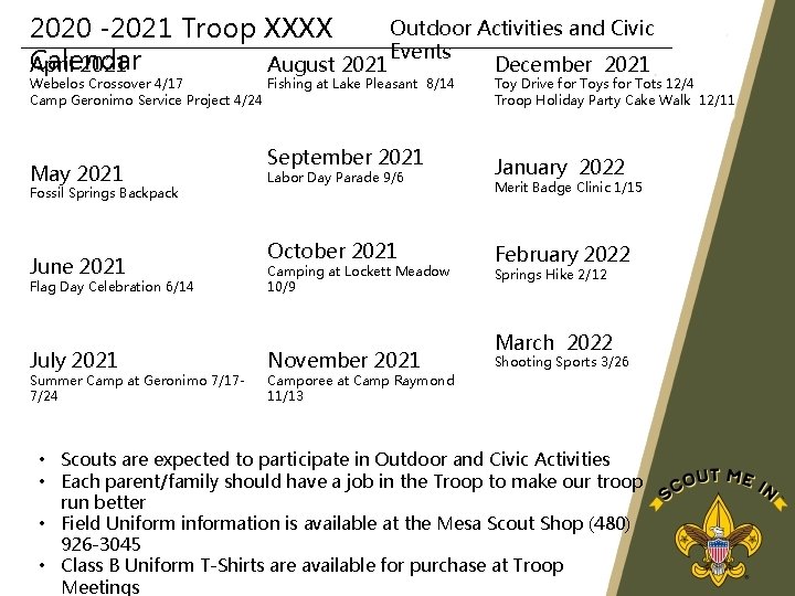 Outdoor Activities and Civic 2020 -2021 Troop XXXX Events Calendar April 2021 August 2021