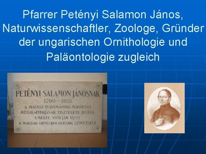 Pfarrer Petényi Salamon János, Naturwissenschaftler, Zoologe, Gründer ungarischen Ornithologie und Paläontologie zugleich 