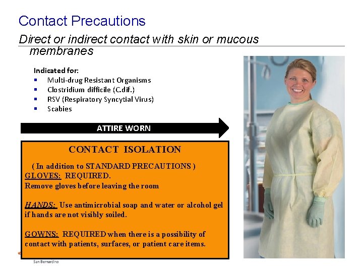 Contact Precautions Direct or indirect contact with skin or mucous membranes Indicated for: §