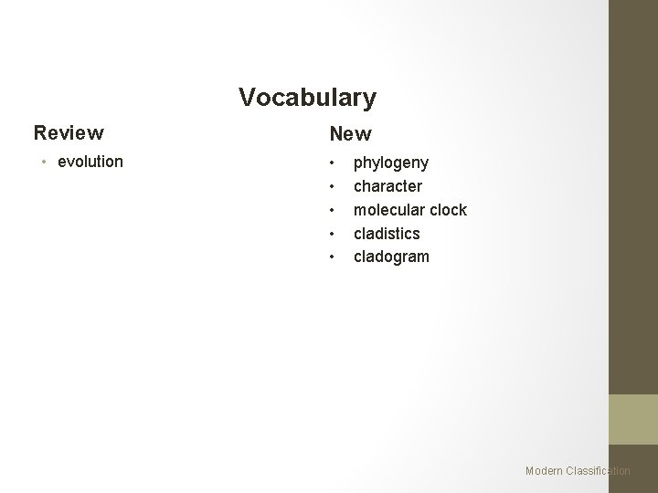 Vocabulary Review • evolution New • • • phylogeny character molecular clock cladistics cladogram