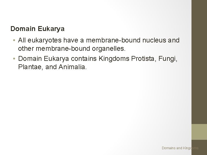 Domain Eukarya • All eukaryotes have a membrane-bound nucleus and other membrane-bound organelles. •