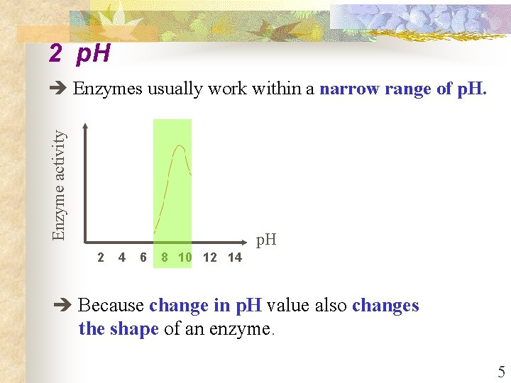 2 p. H Enzyme activity Enzymes usually work within a narrow range of p.