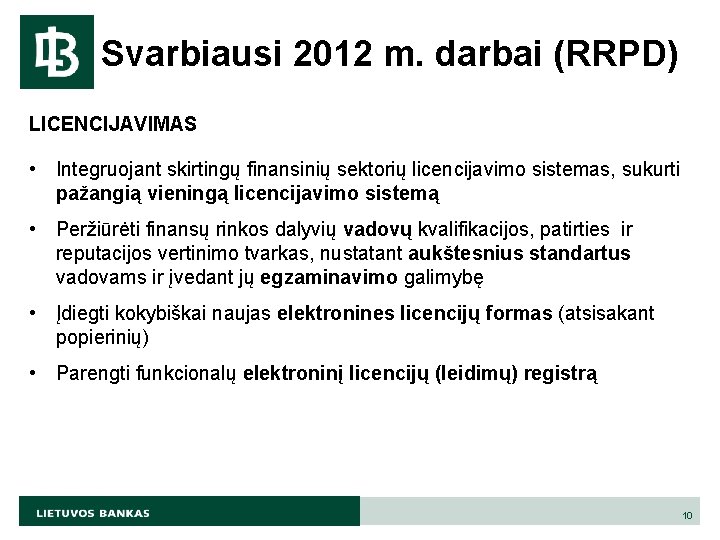 Svarbiausi 2012 m. darbai (RRPD) LICENCIJAVIMAS • Integruojant skirtingų finansinių sektorių licencijavimo sistemas, sukurti