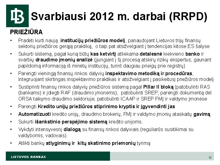 Svarbiausi 2012 m. darbai (RRPD) PRIEŽIŪRA • Pradėti kurti naują institucijų priežiūros modelį, panaudojant