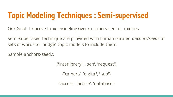 Topic Modeling Techniques : Semi-supervised Our Goal: Improve topic modeling over unsupervised techniques. Semi-supervised Topic Modeling Techniques : Semi-supervised Our Goal: Improve topic modeling over unsupervised techniques. Semi-supervised