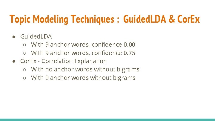 Topic Modeling Techniques : Guided. LDA & Cor. Ex ● Guided. LDA ○ With Topic Modeling Techniques : Guided. LDA & Cor. Ex ● Guided. LDA ○ With