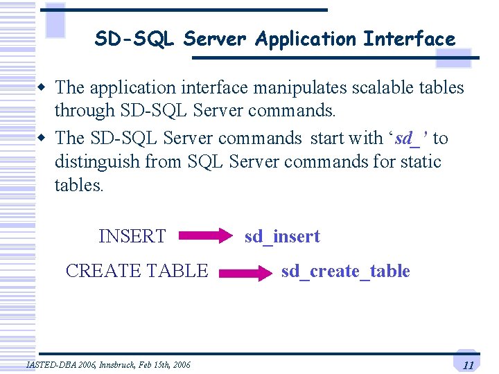 SD-SQL Server Application Interface w The application interface manipulates scalable tables through SD-SQL Server SD-SQL Server Application Interface w The application interface manipulates scalable tables through SD-SQL Server