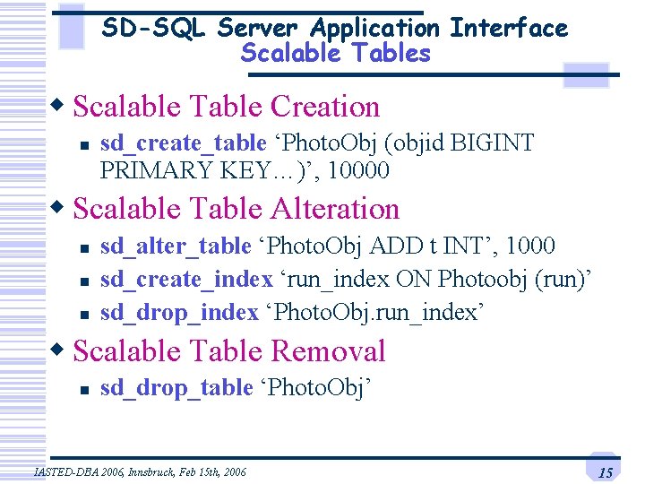 SD-SQL Server Application Interface Scalable Tables w Scalable Table Creation n sd_create_table ‘Photo. Obj SD-SQL Server Application Interface Scalable Tables w Scalable Table Creation n sd_create_table ‘Photo. Obj