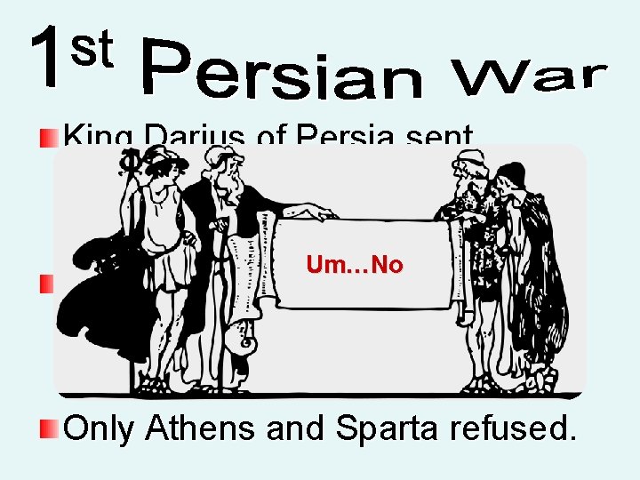 King Darius of Persia sent messengers to Greek city-states. Um…No Demanded “dirt and water”