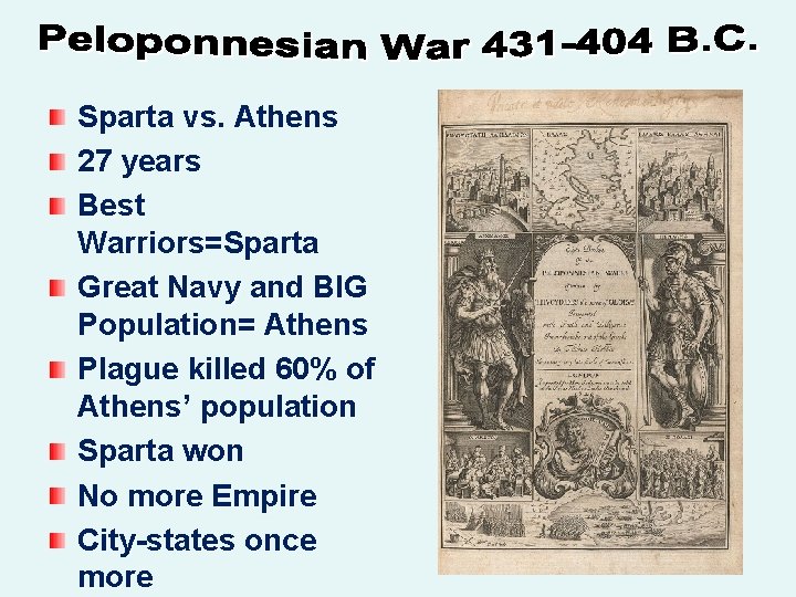 Sparta vs. Athens 27 years Best Warriors=Sparta Great Navy and BIG Population= Athens Plague