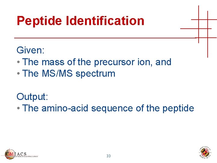 Peptide Identification Given: • The mass of the precursor ion, and • The MS/MS