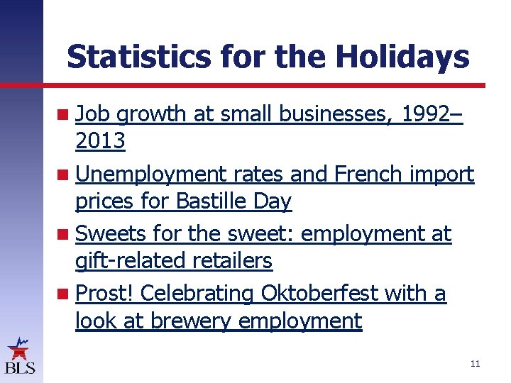 Statistics for the Holidays Job growth at small businesses, 1992– 2013 Unemployment rates and
