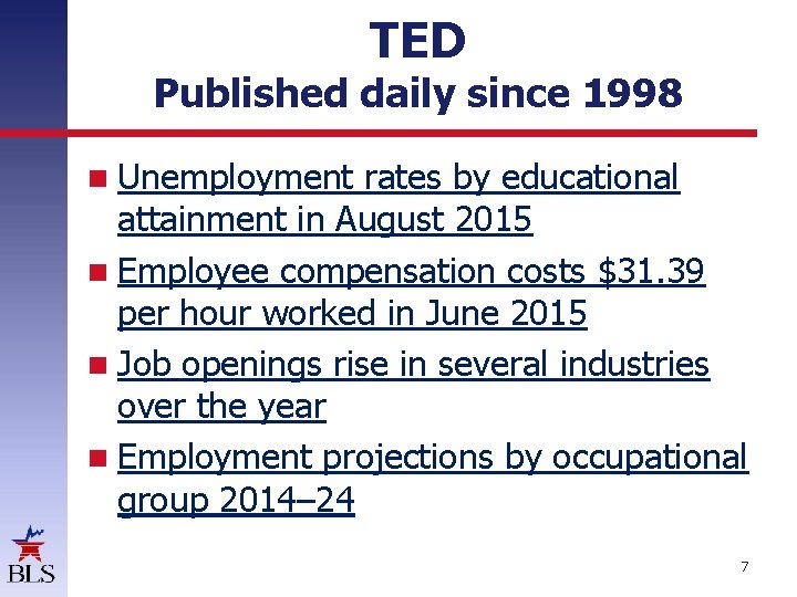 TED Published daily since 1998 Unemployment rates by educational attainment in August 2015 Employee