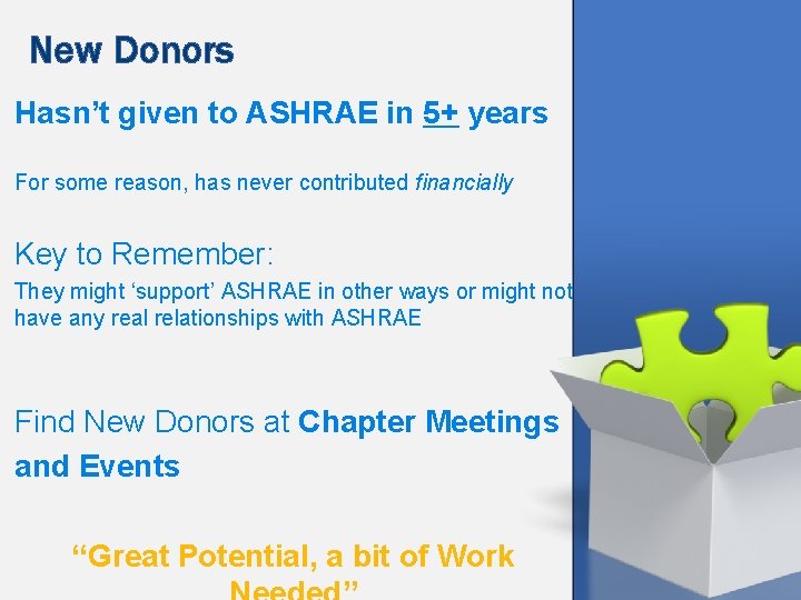 New Donors Hasn’t given to ASHRAE in 5+ years For some reason, has never