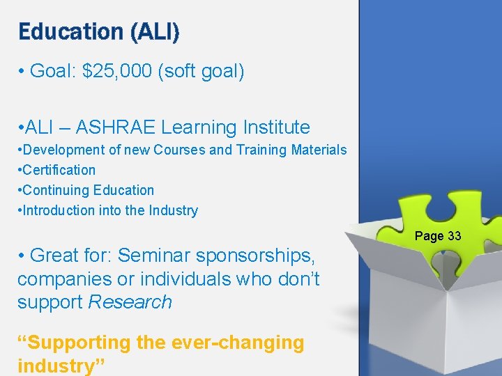 Education (ALI) • Goal: $25, 000 (soft goal) • ALI – ASHRAE Learning Institute