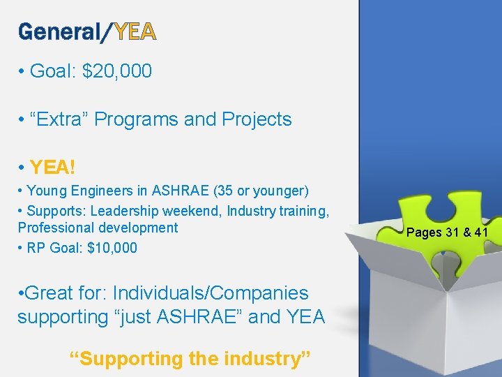 General/YEA • Goal: $20, 000 • “Extra” Programs and Projects • YEA! • Young