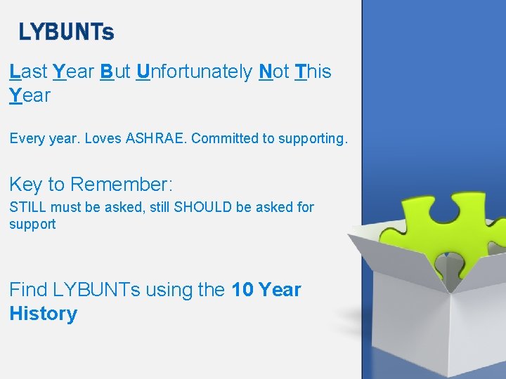 LYBUNTs Last Year But Unfortunately Not This Year Every year. Loves ASHRAE. Committed to