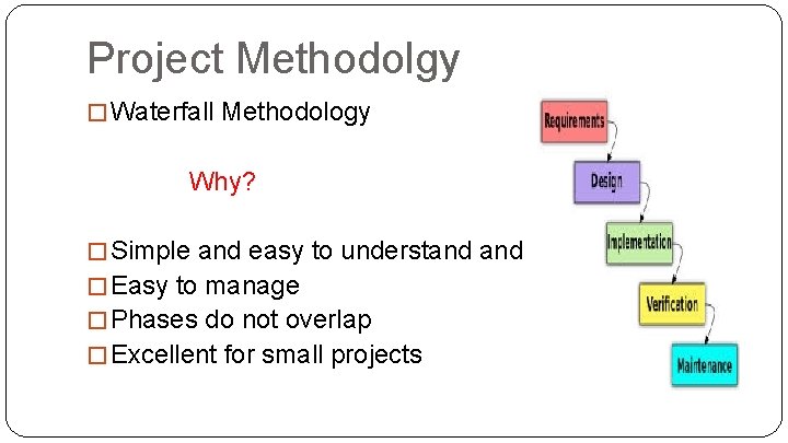 Project Methodolgy � Waterfall Methodology Why? � Simple and easy to understand use �