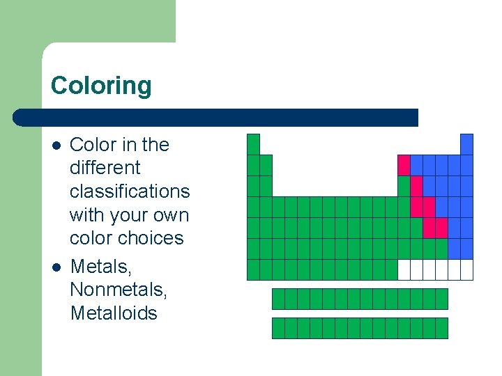 Coloring l l Color in the different classifications with your own color choices Metals,